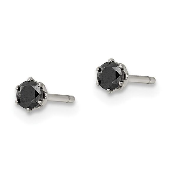 Kazi Luxury Steel Polished 3mm Black Round CZ Stud Post Earrings - Picture 3 of 5